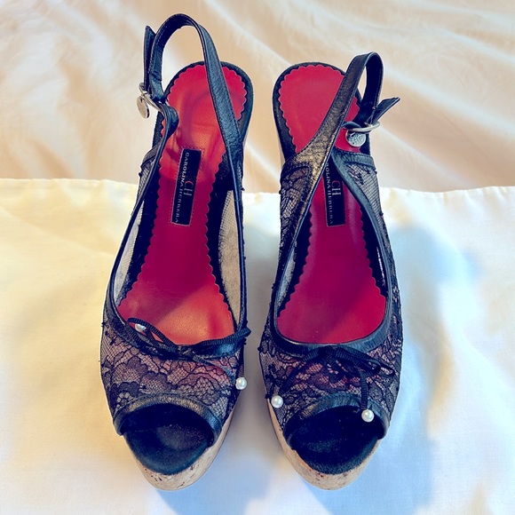CH Carolina Herrera Black Floral Lace Cork Wedge Sandals with Pearl Accents EU40 - Picture 2 of 12